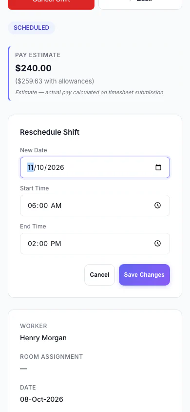 Reschedule a Shift: Move a shift to a new date and time. (mobile view)