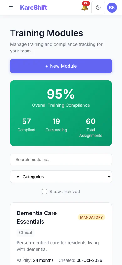 Training Modules: Mandatory and optional training, overall compliance and who is due. (mobile view)