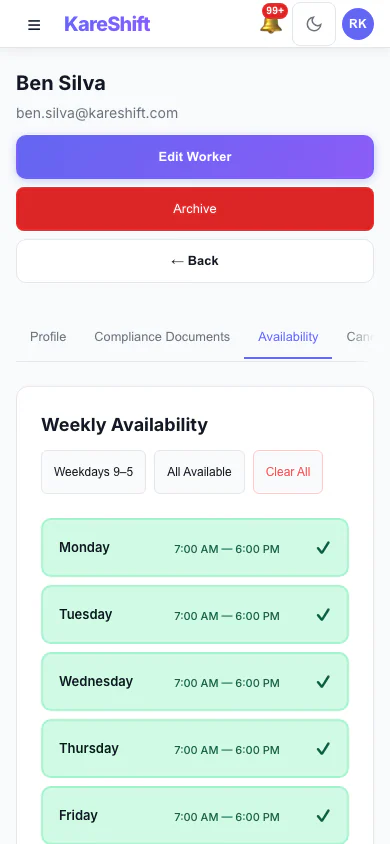 Worker Availability: A worker's weekly availability grid. (mobile view)