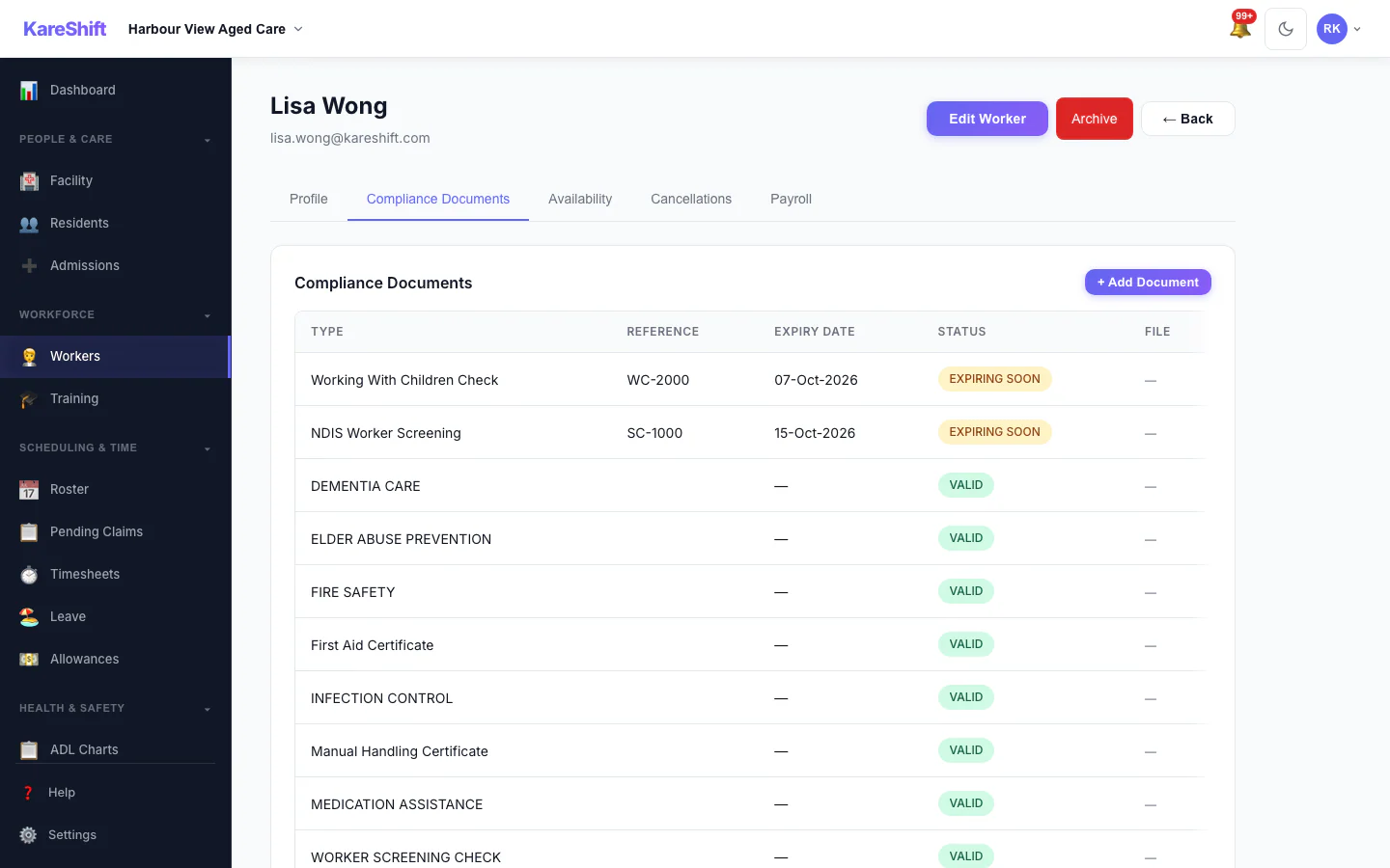Worker Compliance Tab