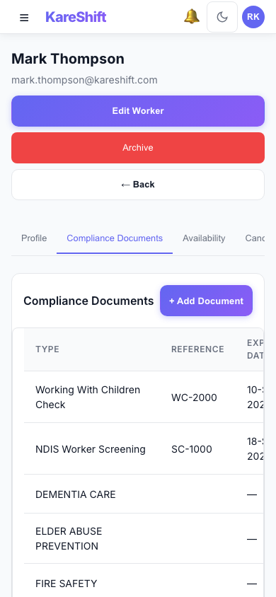 Worker Compliance — document tracking with expiry alerts — mobile view