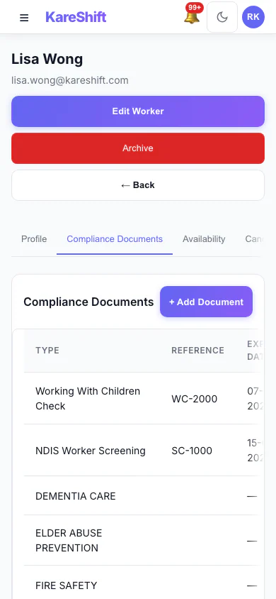 Worker Compliance — document tracking with expiry alerts — mobile view
