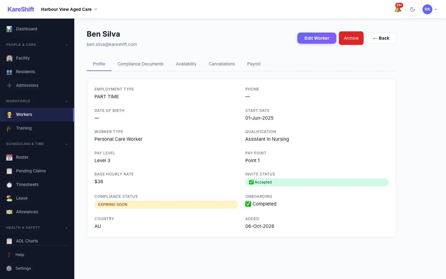 Worker Profile: A worker's profile and details.