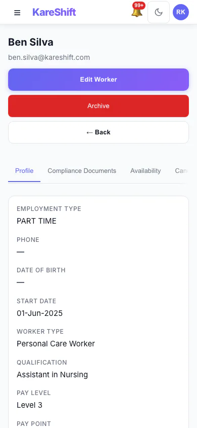 Worker Profile: A worker's profile and details. (mobile view)