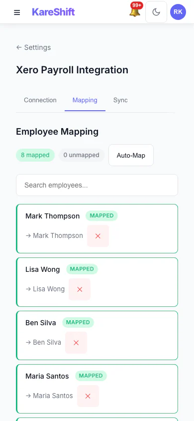 Xero Pay-Item Mapping: Map KareShift pay categories to your Xero earnings rates. (mobile view)