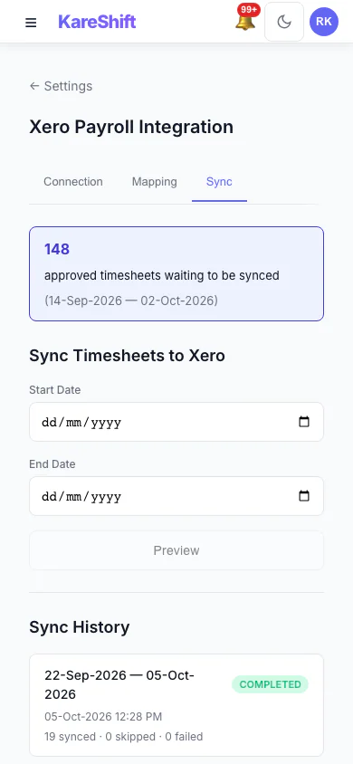 Xero Sync History: Past syncs with what succeeded and what failed. (mobile view)