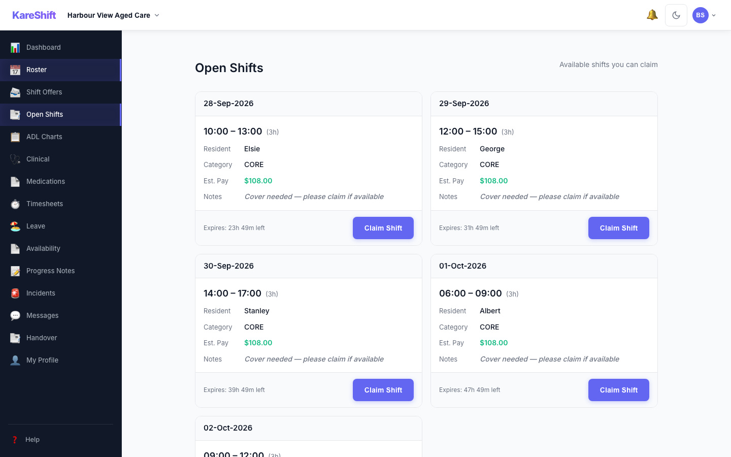 Open Shift Board — claimable vacant shifts with pay estimate and expiry