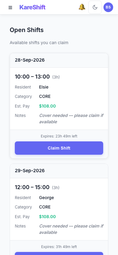 Open Shift Board — claimable vacant shifts with pay estimate and expiry — mobile view