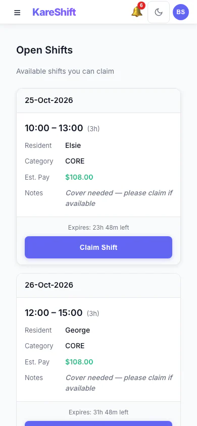 Open Shift Board — claimable vacant shifts with pay estimate and expiry — mobile view