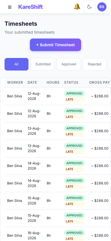 Worker Timesheets — Mobile View