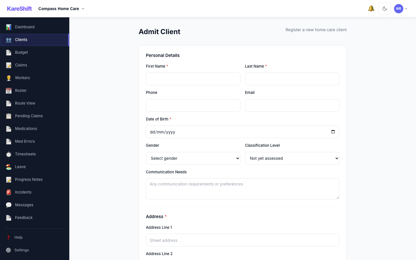 Client Admission Form