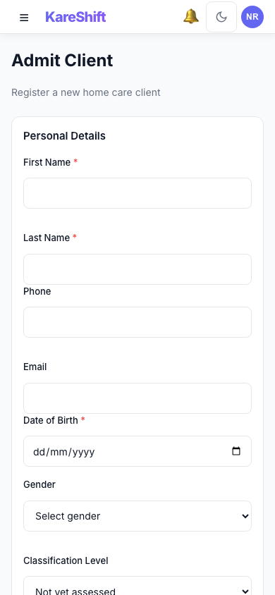 Client Admission — Mobile View