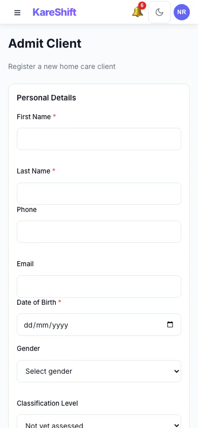 Client Admission — Mobile View