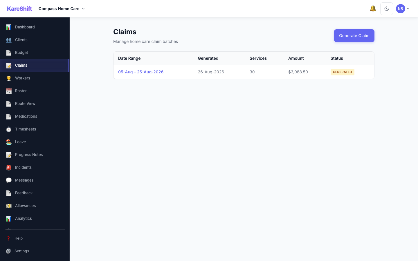 KareShift Home Care — claims management with generated batches and download