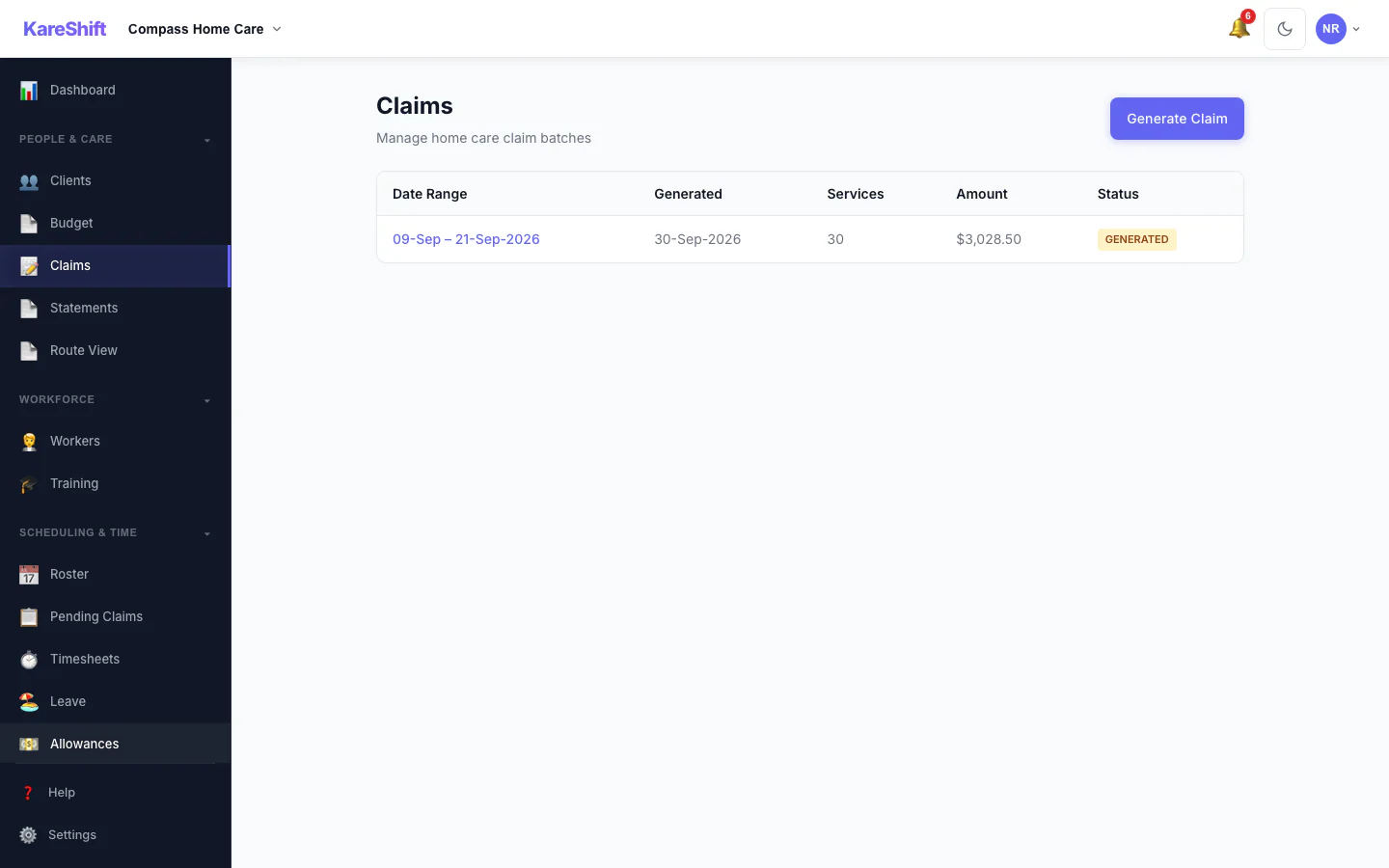 KareShift Home Care — claims management with generated batches and download