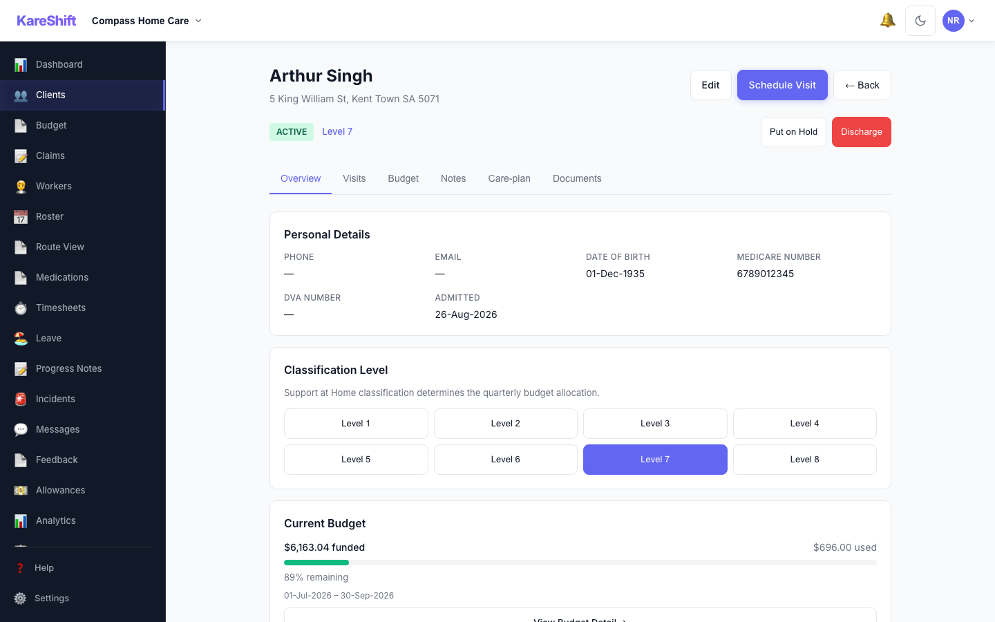 KareShift Home Care — client detail with classification level and quarterly budget tracking