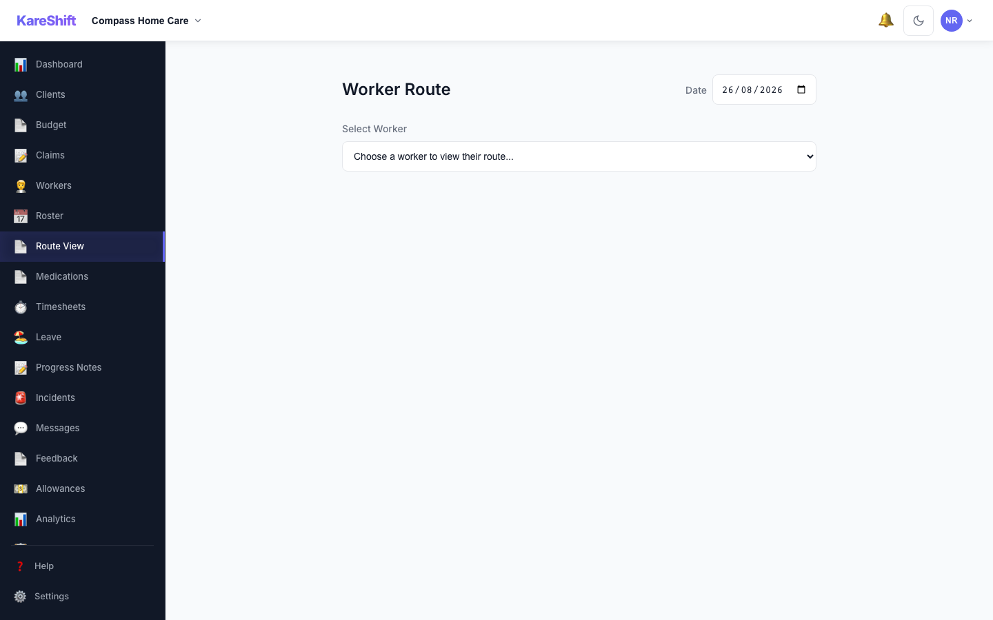 KareShift Home Care — worker route view with travel time estimates between client visits