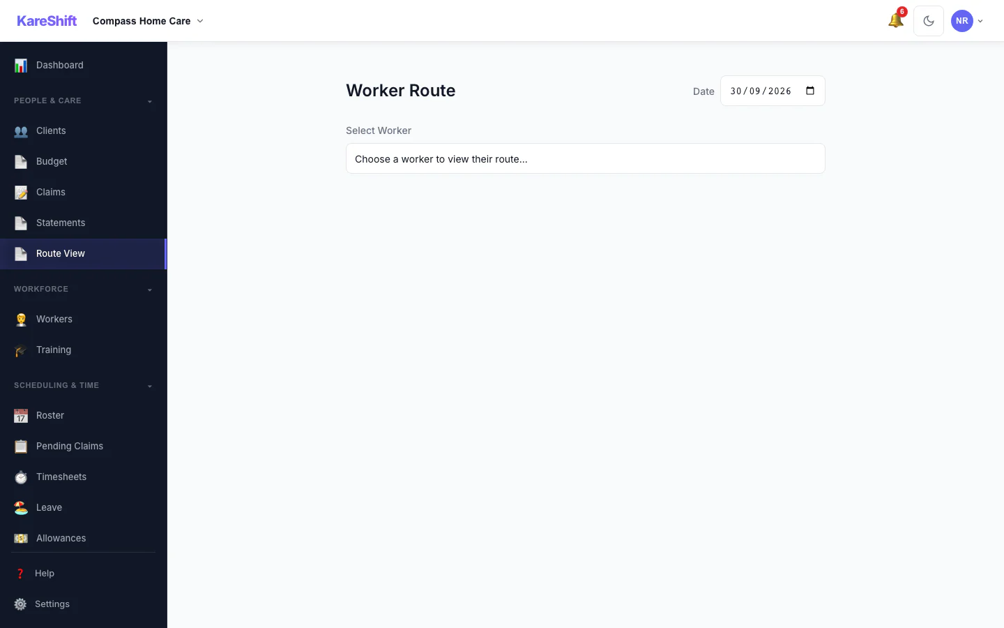 KareShift Home Care — worker route view with travel time estimates between client visits