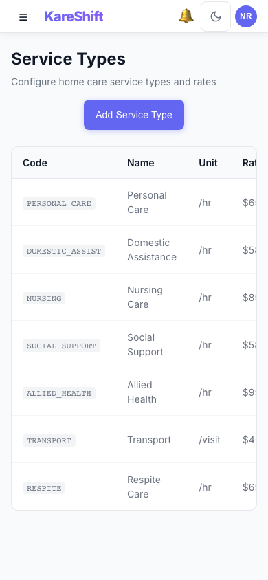 Service Types — Mobile View