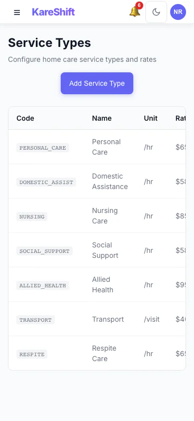 Service Types — Mobile View