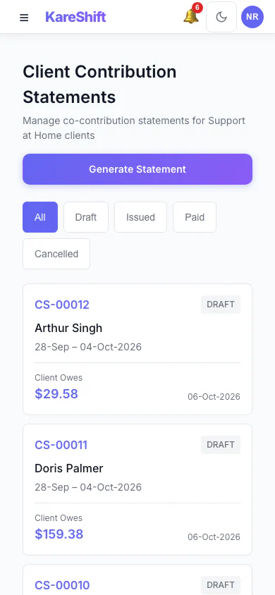 Client Contribution Statements: Statements for Support at Home clients: period, total, client portion and status. (mobile view)