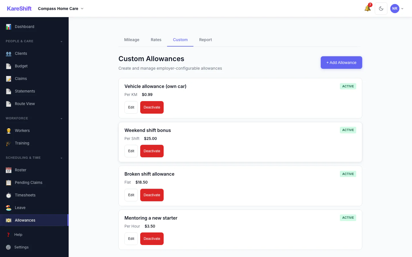 Custom Allowances: Create your own allowances beyond the standard ones, each with its own rate.
