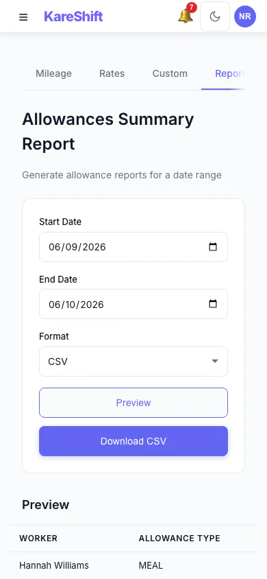 Allowances Report: Preview and export what was paid in allowances over a period, with a grand total. (mobile view)