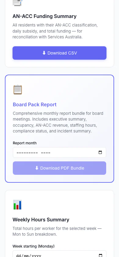 Reports & Exports — Board Pack Report bundle for board meetings — mobile view