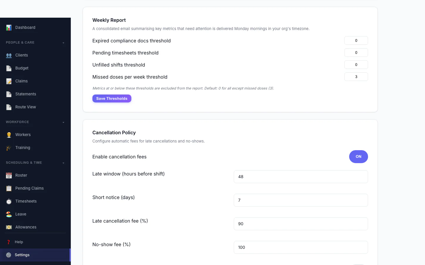 Cancellation Policy settings — automate late-cancellation and no-show fees