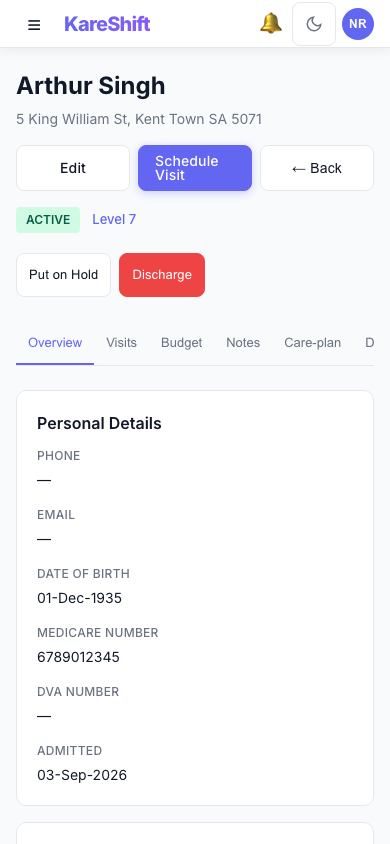 Client Detail — home-care client profile, budget and visits — mobile view