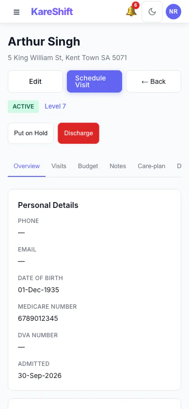 Client Detail — home-care client profile, budget and visits — mobile view