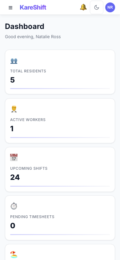 Home Care Dashboard — Mobile View