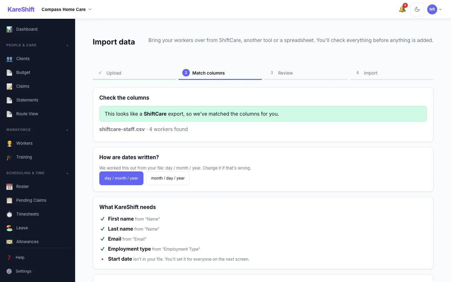 Import — a sample ShiftCare staff file is recognised and its columns matched automatically