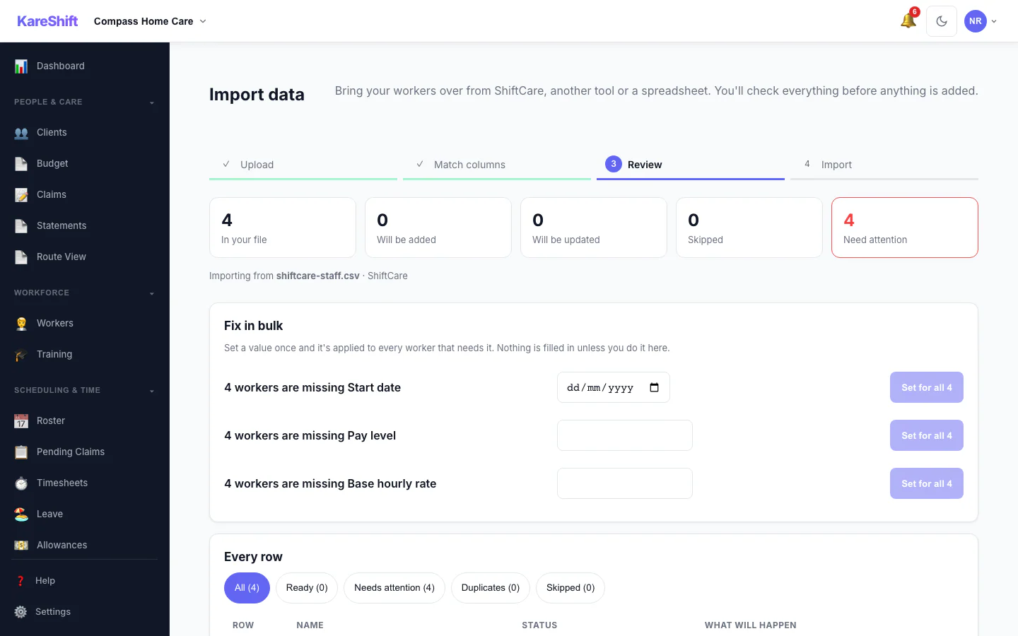 Import review — rows to be added, updated or skipped, with a bulk-fix panel