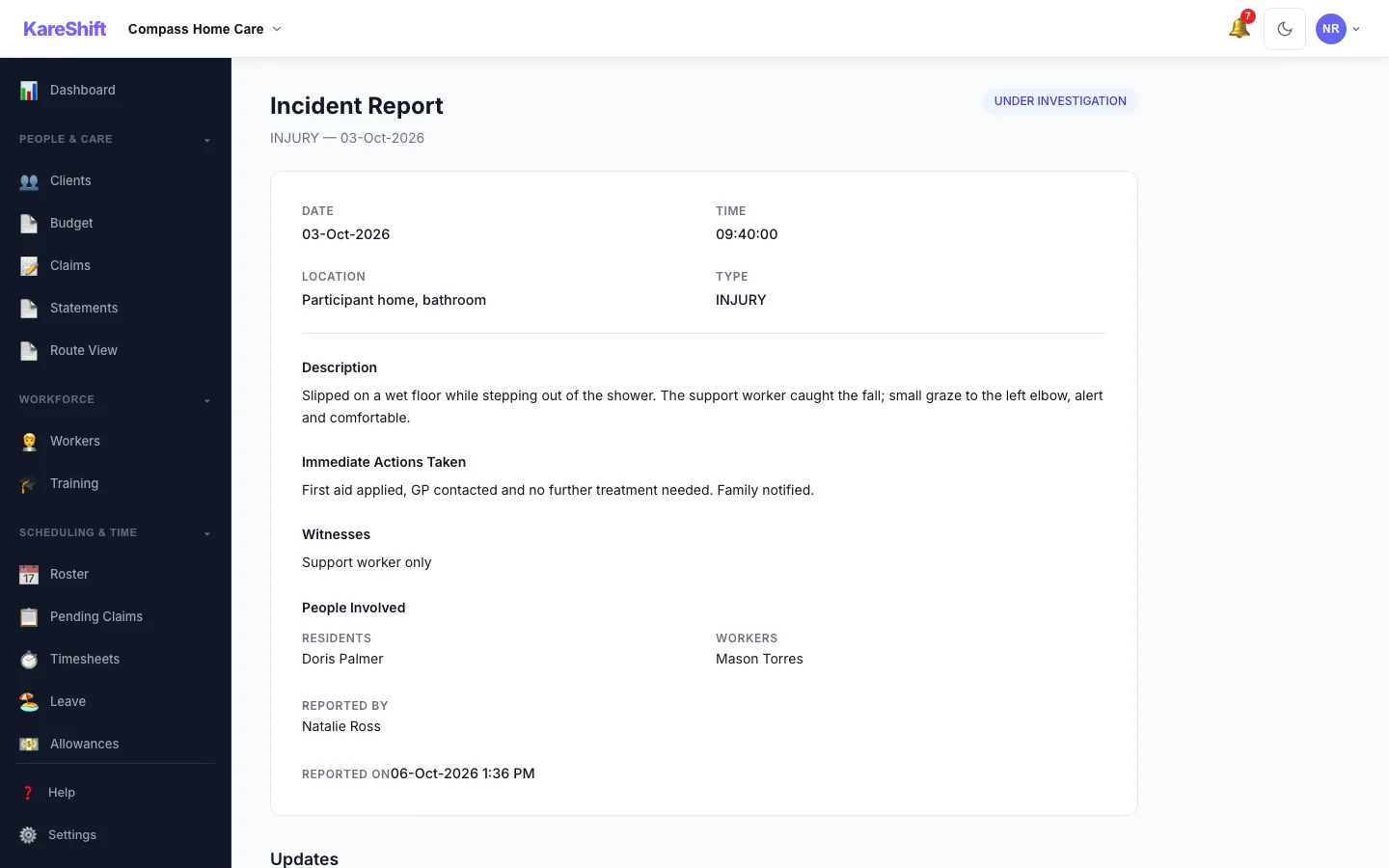 Incident Detail: An incident with its status, details and the update trail of who did what.