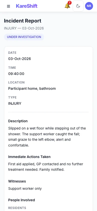 Incident Detail: An incident with its status, details and the update trail of who did what. (mobile view)