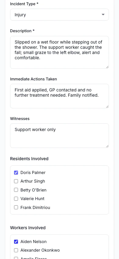 Report an Incident: Record what happened, who was involved and what was done straight away. (mobile view)
