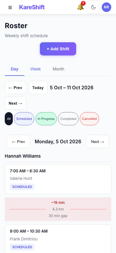 Roster — Day View: One day's shifts grouped by worker. (mobile view)