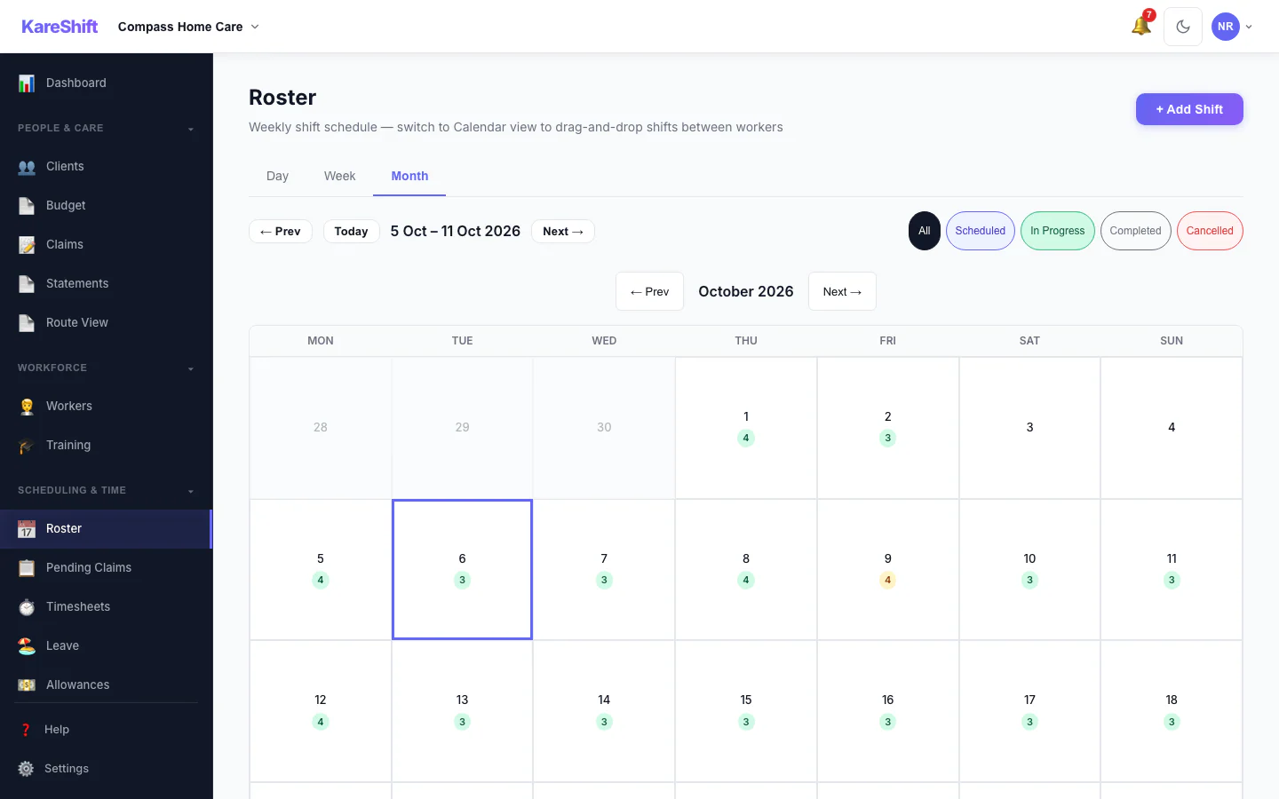 Roster — Month View: A month at a glance with shift counts for each day.