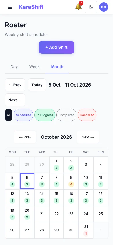 Roster — Month View: A month at a glance with shift counts for each day. (mobile view)