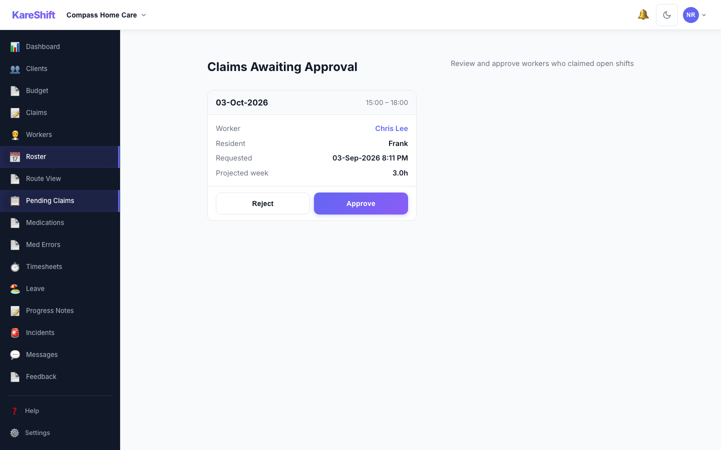 Claim Approval — coordinator reviews open-shift claims with projected weekly hours and an overtime warning