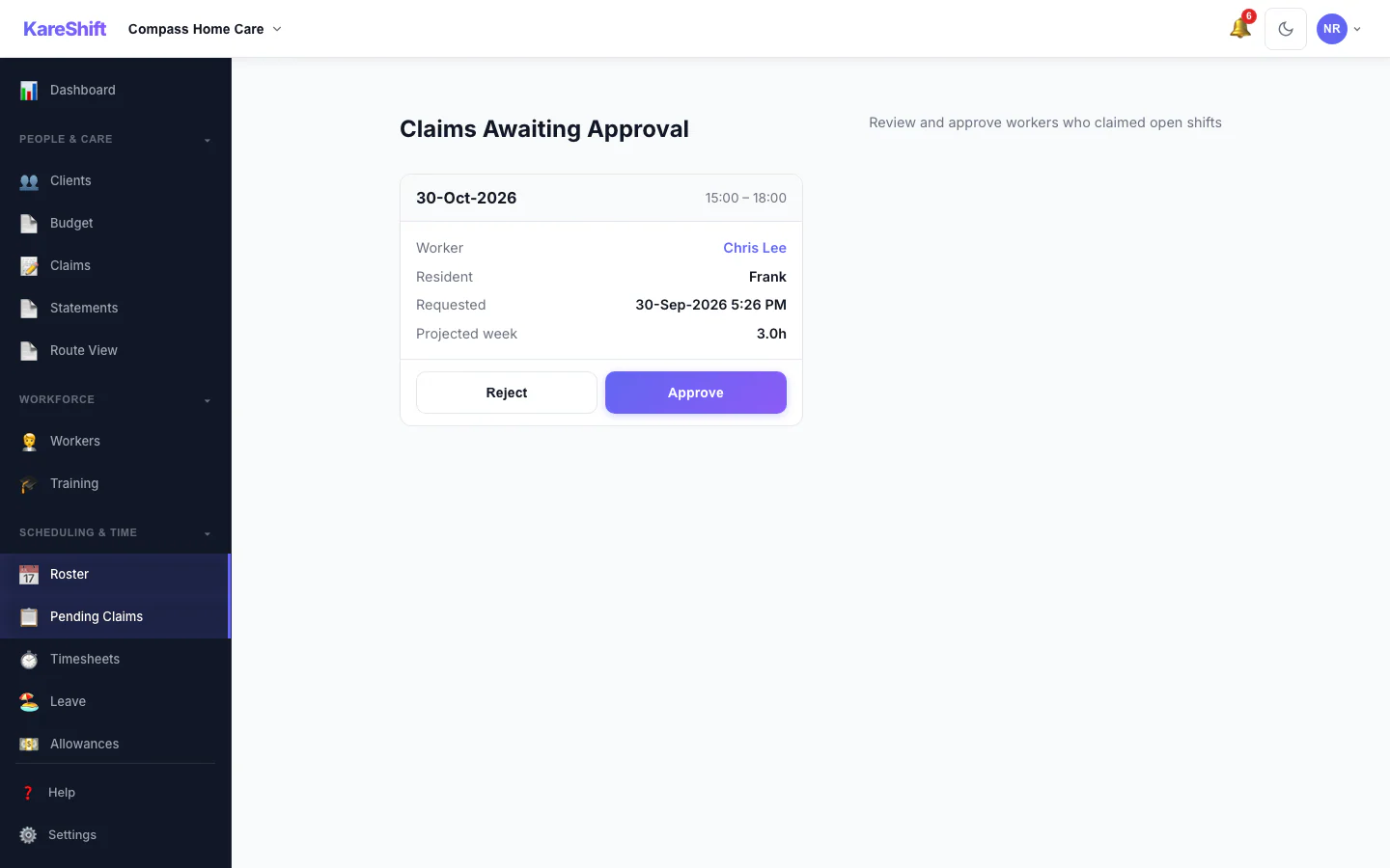 Claim Approval — coordinator reviews open-shift claims with projected weekly hours and an overtime warning