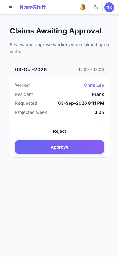 Claim Approval — coordinator reviews open-shift claims with projected weekly hours and an overtime warning — mobile view