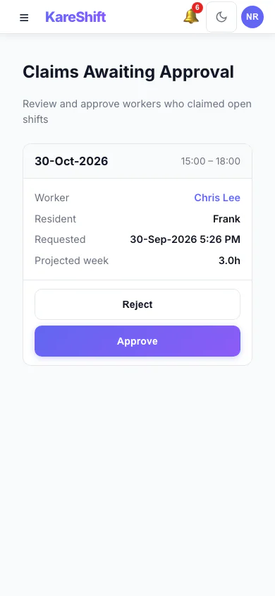 Claim Approval — coordinator reviews open-shift claims with projected weekly hours and an overtime warning — mobile view