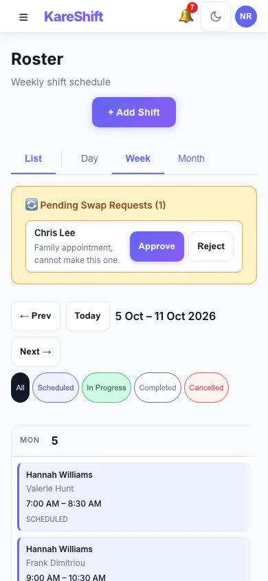 Shift Swap Requests: Pending swap requests with approve and reject. (mobile view)