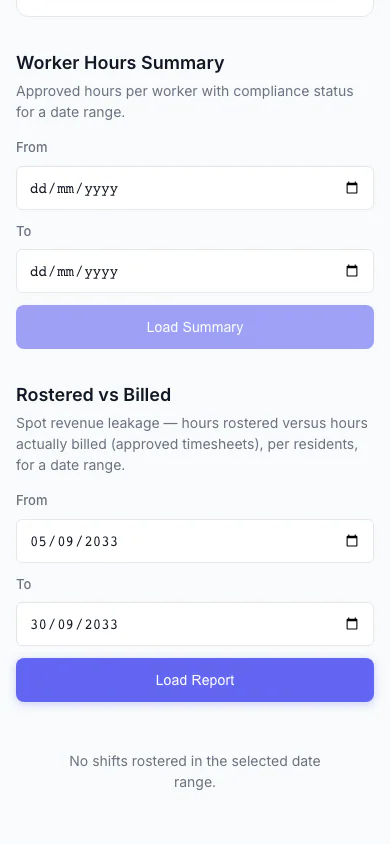 Rostered vs Billed report — hours rostered versus hours billed, with the shortfall highlighted — mobile view