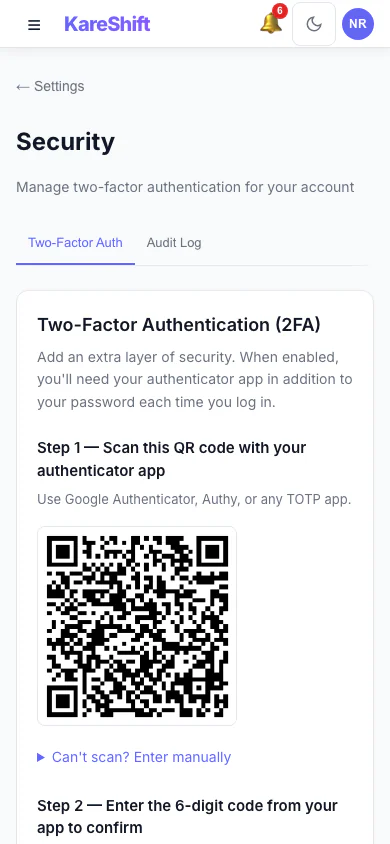 Set Up Two-Factor Authentication: Scan a code with an authenticator app, then enter the six-digit code to switch it on. (mobile view)