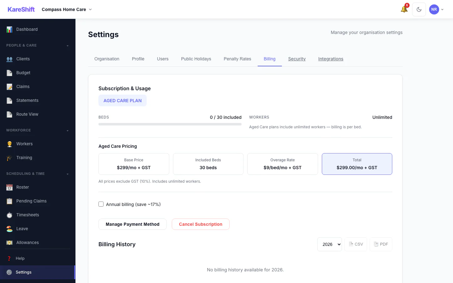 Billing and Plan: Your plan, worker usage and billing history.
