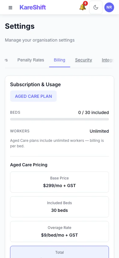 Billing and Plan: Your plan, worker usage and billing history. (mobile view)