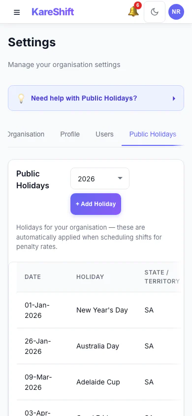 Public Holidays — Mobile View